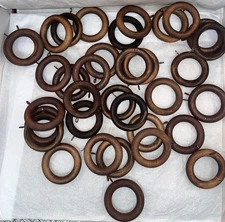 35 Vintage Dark Wooden Curtain Drapery 2.75” Round Rings Metal Eye Hooks