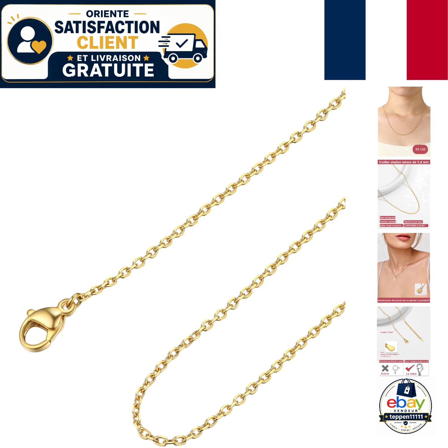 Chaine collier femme 60cm en acier inoxydable argenté Focalook maille rolo de 1,4mm
