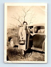 Old Vintage Photo SOLO WOMAN COAT PURSE BY CLASSIC CAR ANTIQUE PHOTOGRAPH