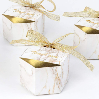 50pcs Marble Wedding Party Favor Boxes, Gold Candy Boxes Bags Hexagonal Chocolat