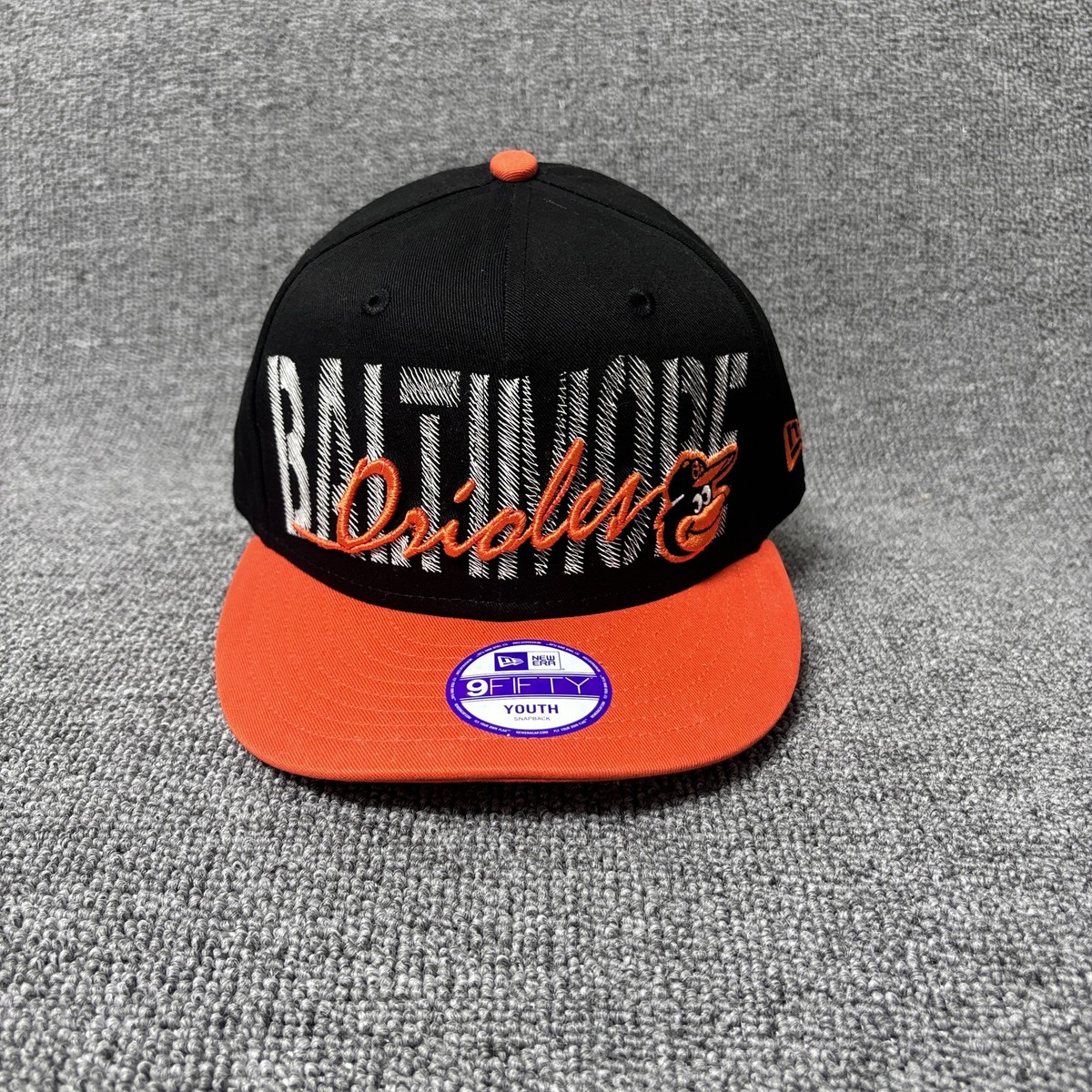 New Era 9FIFTY Baltimore Orioles Youth Snapback Hat Cap Black Orange Flat Brim
