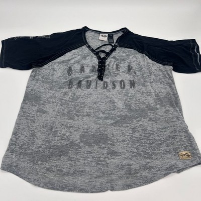 Harley-Davidson Womens Raglan Rockstar Gray Soft Faded Lace Up Detail Size 2X