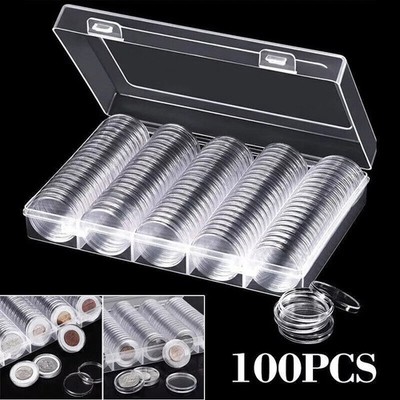 100 PCS 30MM Clear Round Coin Capsules Plastic Coin Holders &White Gaskets Box