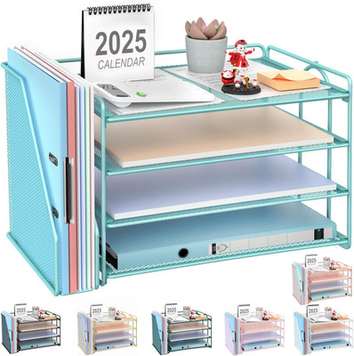 4-Tier Paper Organizer with Magazine Holder Desk File Organizer Blue