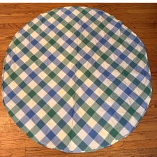 1.a.10 Vtg 50.75" Round Tablecloth Blue Green Argyle Diamond Check Plaid Cottage