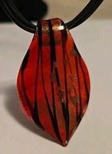 MORANO STYLE CHOKER 16" Amber Red Gold Black BLOWN GLASS  LEATHER STRANDS