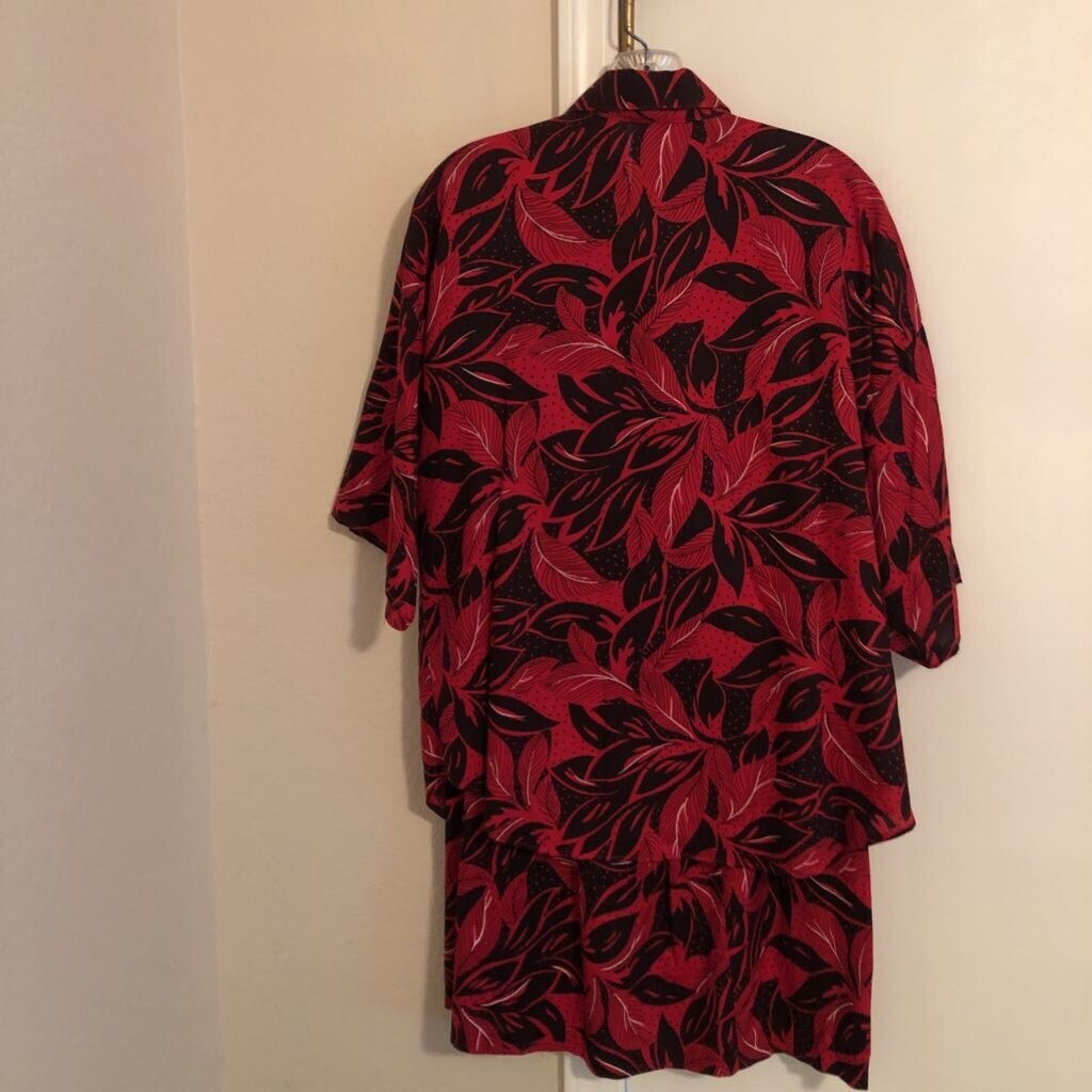 Sostanza Womens 3 Piece Shirt Skirt Set Red Black Floral Pleated Pocket USA 12