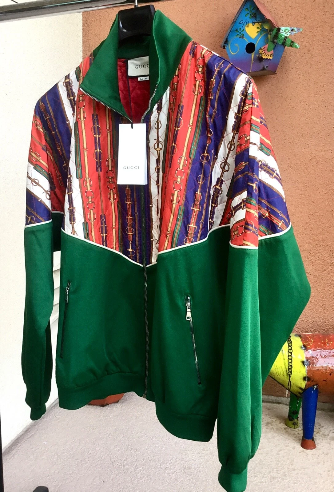 $2980 Autentico GUCCI Bi Materiali Catene Seta Vintage Zip Bomber Giacca L