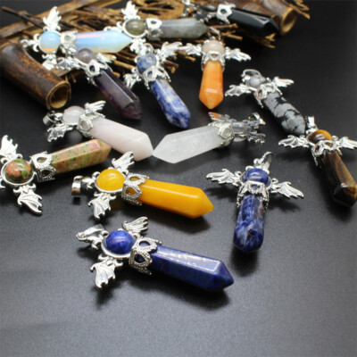 Natural Angel Wing Crystal Point Hexagonal Column Pendant Bead Stone Healing New