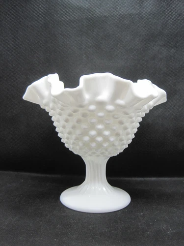 Vtg Fenton Hobnail Milk Glass Ruffled Edge Candle Holder Bowl Compote