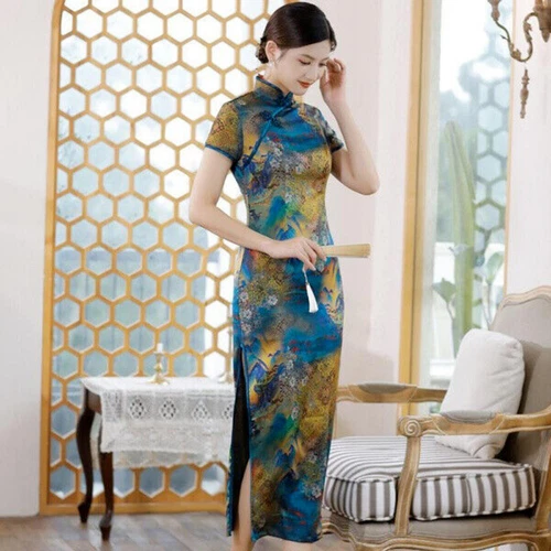 Mujeres Chino Tradicional Floral Satén Qipao Vestido Manga Corta Ajustado Cheongsam - Imagen 12 de 28