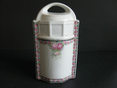 ANTIQUE PORCELAIN CANISTER WHITE WITH PINK ROSES many uses Kitchen Bath Germany