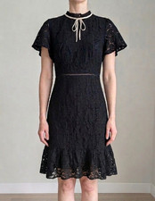 AmyLynn Black Floral Lace Fit & Flare High Neck Dress Short Sleeve Size 8