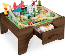 56-Piece Wooden Train Table Set w/ Storage Drawer Reversible Top Walnut 32"x23"