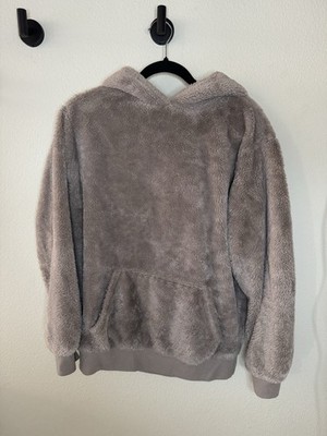 Faded Rose Plush Faux Fur Hoodie Women s Large Taupe Cozy Kangaroo Pocket