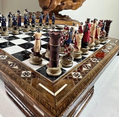 Crusaders Chess Set Hand-Painted Knights Handmade Solid Wooden Board  