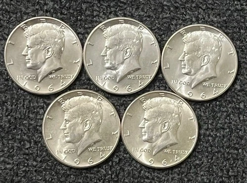 New Listing1964 50c Kennedy Half Dollars, 90% Silver, AU-Uncirculated, Lot of 5