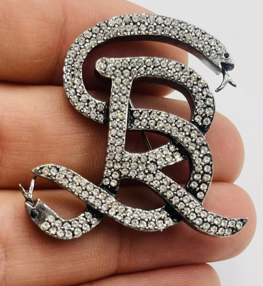 Sonia Rykiel Paris Rhodium Plated Crystal Rhinestone Snake Logo Crest Brooch Pin - Image 2 of 4