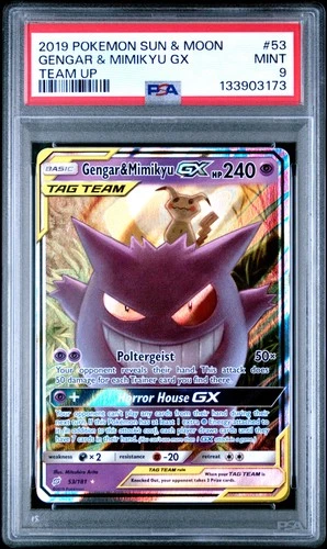 2019 POKEMON SUN & MOON TEAM UP #53 GENGAR & MIMIKYU GX PSA 9