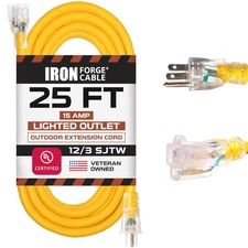 25 ft Lighted Outdoor Extension Cord - 12/3 SJTW Heavy Duty Yellow Extension ...