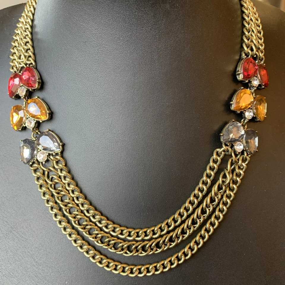 New Necklace-Antique Gold Multi chain W/Red Amber & Gray Rhinestone Bead Accent - Image 2 of 4