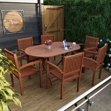 Fully Assembled Teak Dining Garden Furniture - Oval Table & 6 Stacking Chairs