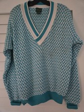 Vintage 80s Izod Lacoste Blue  White Cable Knit V-Neck Sweater Pullover Men's M