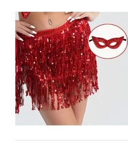 Skirt Sequins. Womens Red ,Party Sequin Glitter Fringe Belly Dance.With Eye Mask