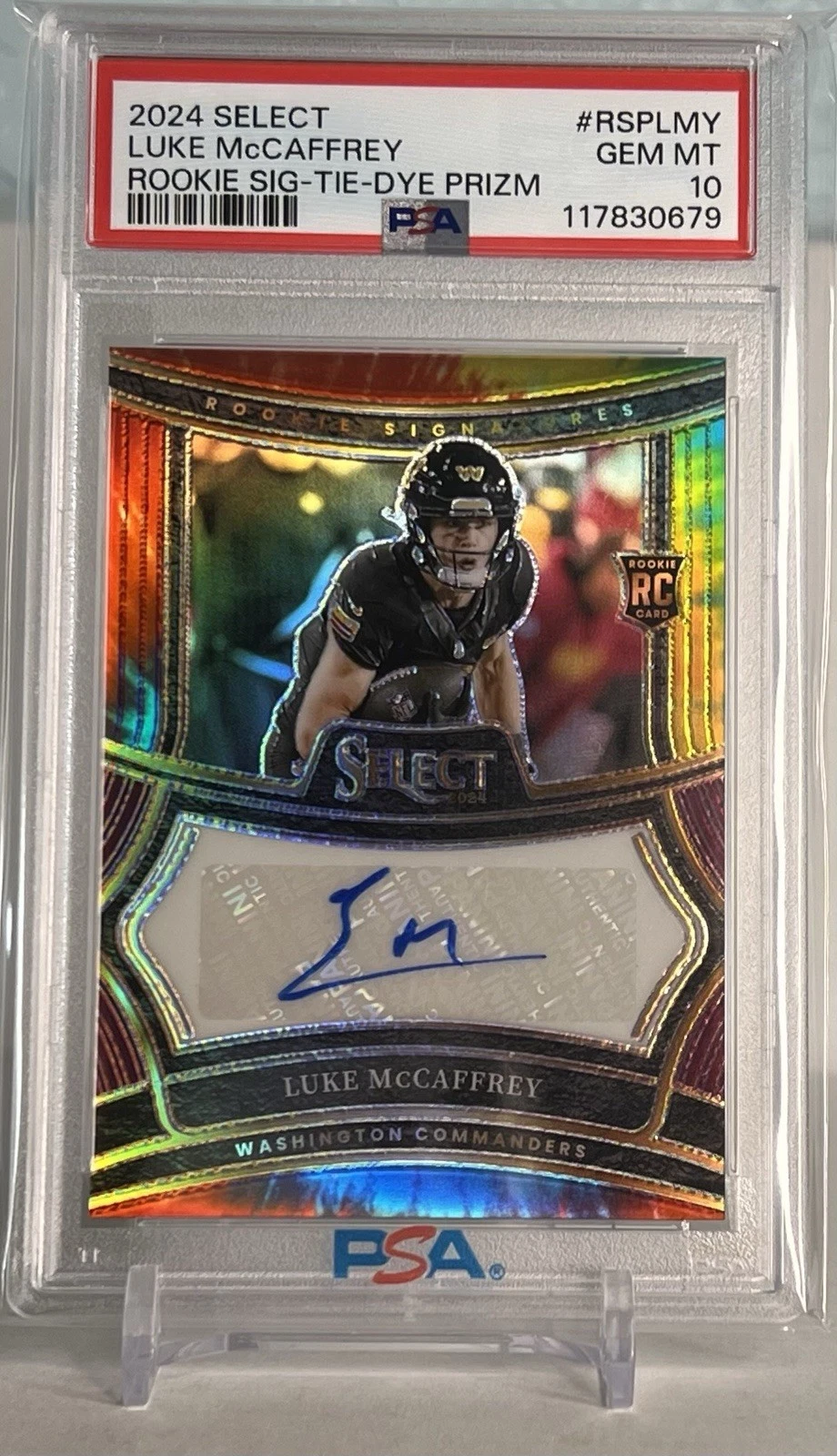Luke McCaffrey Panini Select Rookie Signatures #RSPLMY Tie-Dye