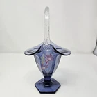 Fenton Purple Art Glass Basket Hand Painted Florals Artist Signed  Clear Handle