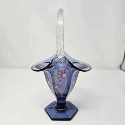 Fenton Purple Art Glass Basket Hand Painted Florals Artist Signed  Clear Handle
