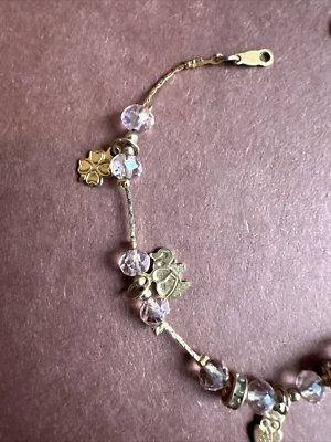CH 18K LES Dainty Gold Tone Crystal Lucky Charm Bracelet 7