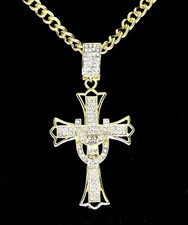 Mens Icy 1.75" Cz Cross Pendant 14k Gold Plated 24" Rope Chain Hip Hop Necklace