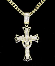 Mens Icy 1.75" Cz Cross Pendant 14k Gold Plated 24" Rope Chain Hip Hop Necklace