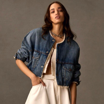 Denimist Oversized Sherpa Denim Jacket Anthropologie Crop Jean Warm Size S NEW