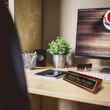 Engraved Custom Desk Name Plate, with Rosewood Walnut Finish and Card Holder