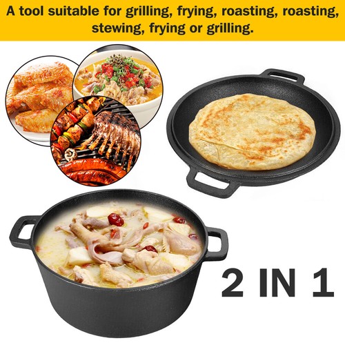 Cast Iron Dutch Oven Dual Handle Pre-Seasoned Pot Lid Kitchen Heat Cookware - Picture 4 of 12