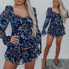 Shop Hope's Long Sleeve Fall Floral Multicolor Navy Romper Size Large