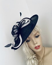 New Navy Blue White Fascinator Wedding Saucer Hat Formal Ladies Womens Hatinator
