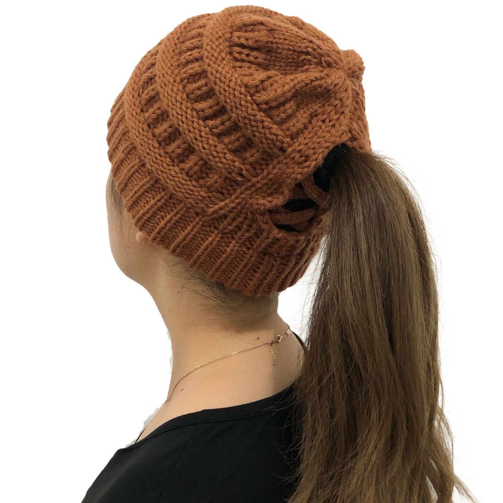 Brown Women Ponytail Messy Bun Beanie Pony Tail Winter Knit Stretch Hat US