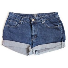 Vintage 90s Lee Medium Blue Wash High Waisted Rise Cuffed Denim Jean Shorts - 32
