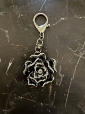 Black Enamel Rose Rhinestone Purse Charm Keychain Silver Tone Lobster Clasp Bag
