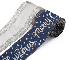2 Rolls Christmas Ribbons for Crafting, Xmas Wired Edge Ribbon Blue White Burlap