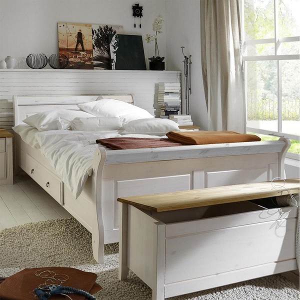 Doppelbett Mit Stauraum Eva Landhaus 200X200Cm Bett Kiefer Massiv Weiß Lackiert-image