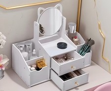 White Modern Vanity Table, Rectangular Mirror, 2 Drawers, Cat Ear, Wood