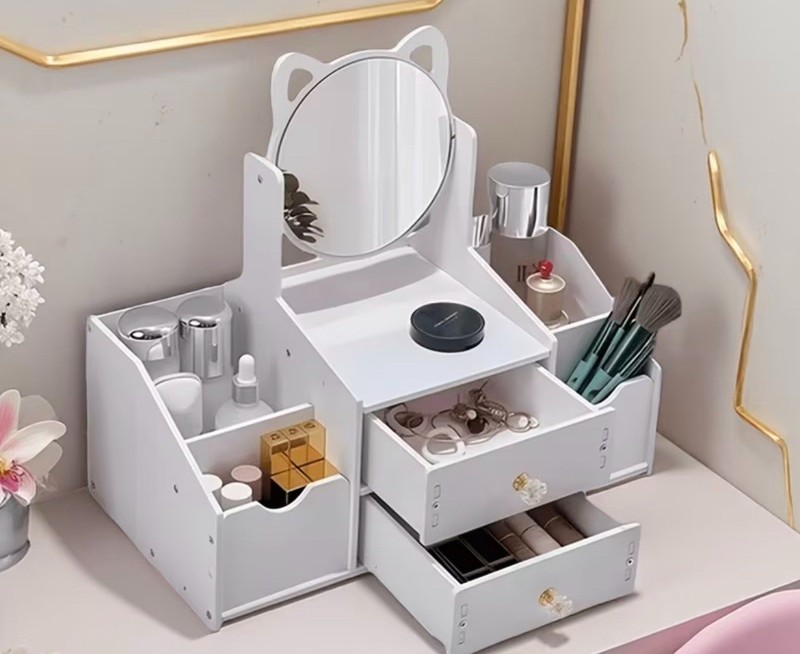 White Modern Vanity Table, Rectangular Mirror, 2 Drawers, Cat Ear, Wood