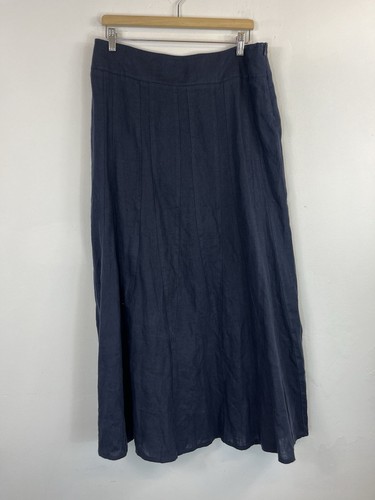 Per Una Maxi Skirt 14 Tall Navy Blue Tall Flare Patchwork 100% Linen - Picture 1 of 7