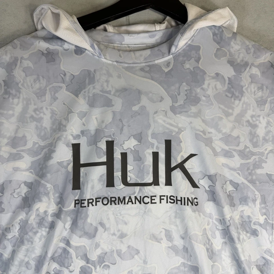 Sudadera con capucha de pesca Huk Performance para hombre XL blanca gris camuflaje elástica ligera Foto 2 de 4