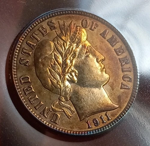 Awesome 1911-D Barber Dime BU Rainbow Toned Gem