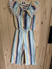 Girls 6 Little Lass Striped Pastel Button Up Romper Lace